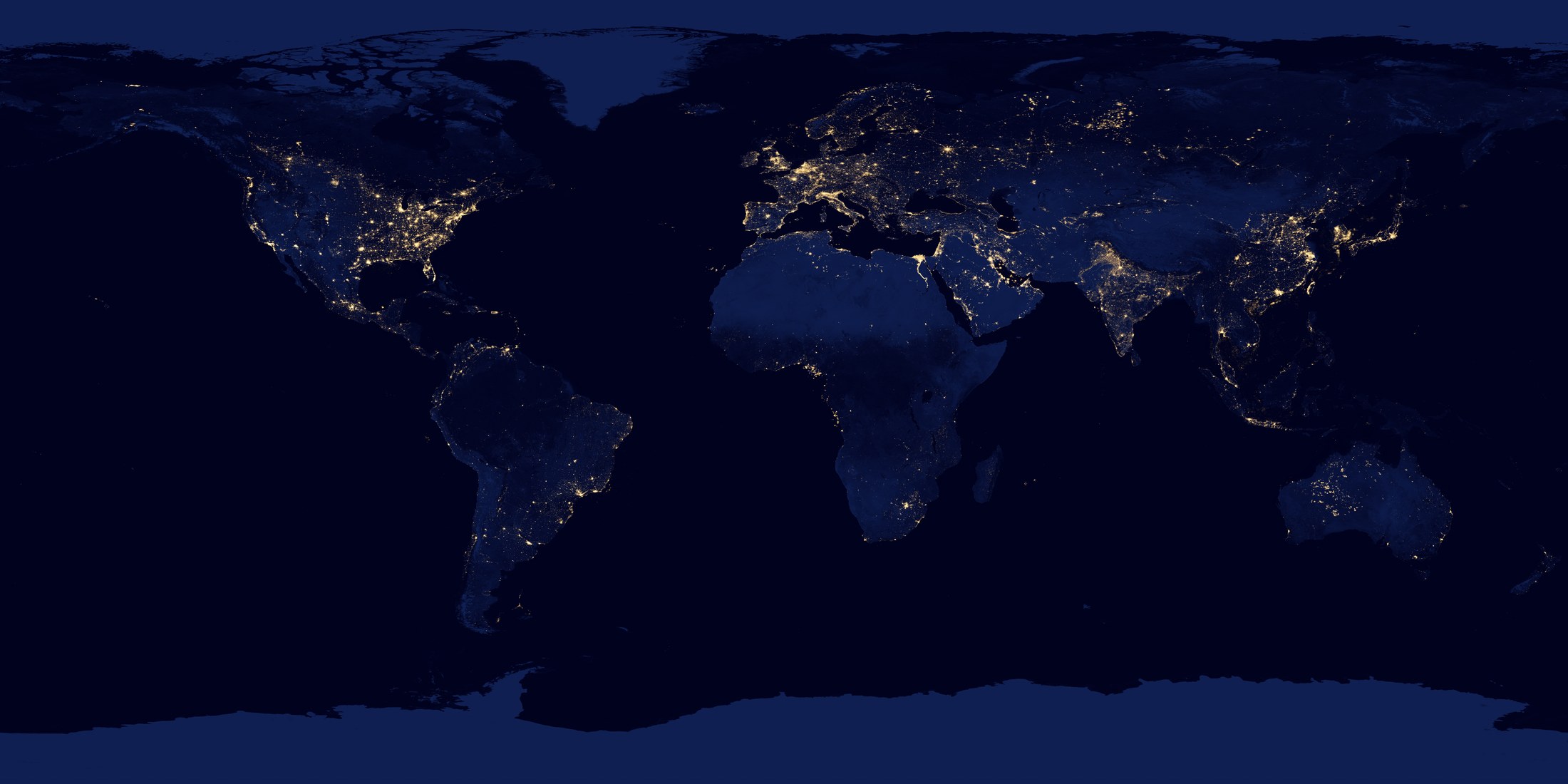 Nighttime world map showing global population centers
